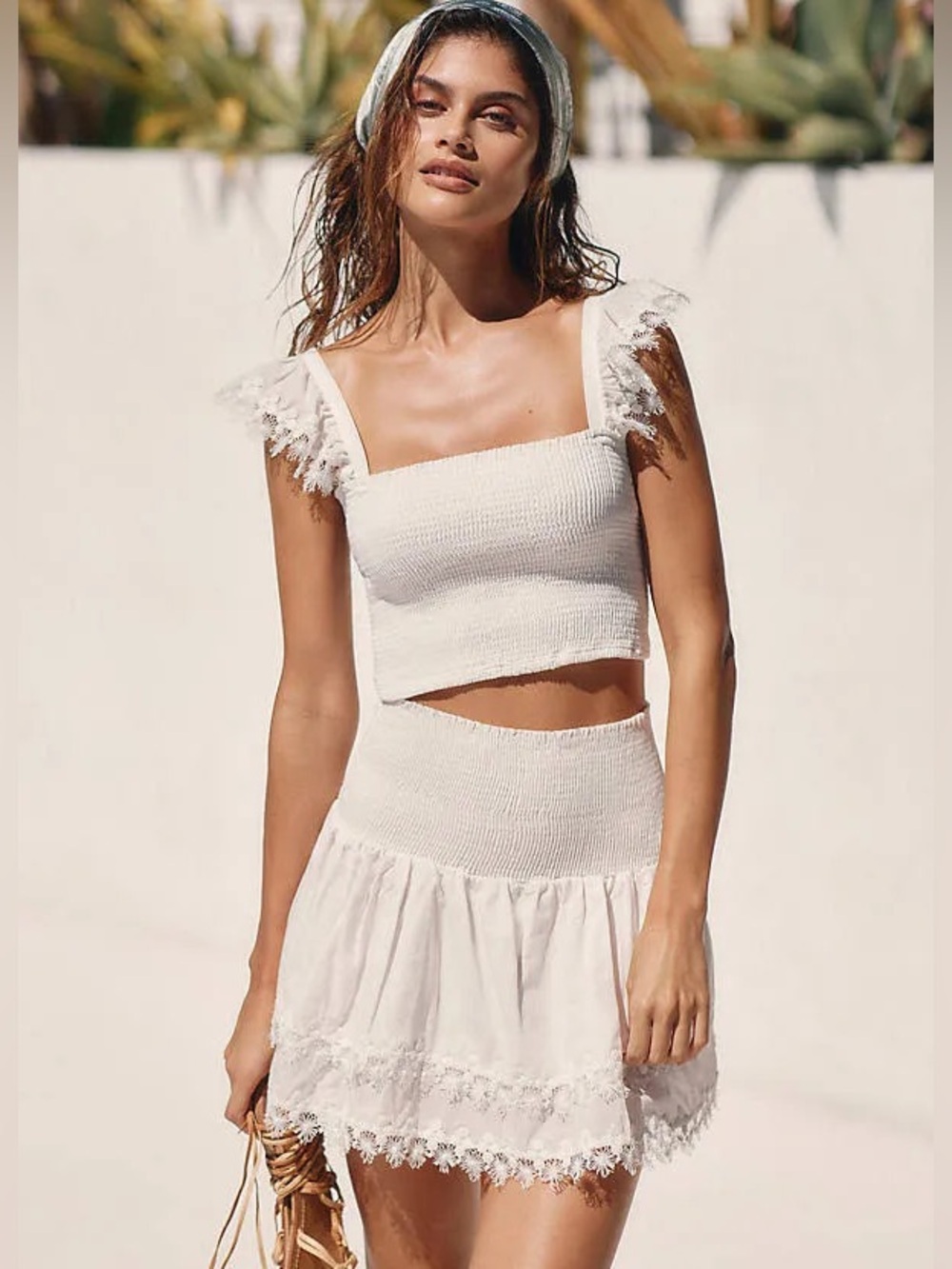 Peixoto Belle white smocked tiered miniskirt with lace